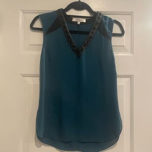 Robert Rodriguez teal V-neck silk top with leather/grommets trim - Sz 0